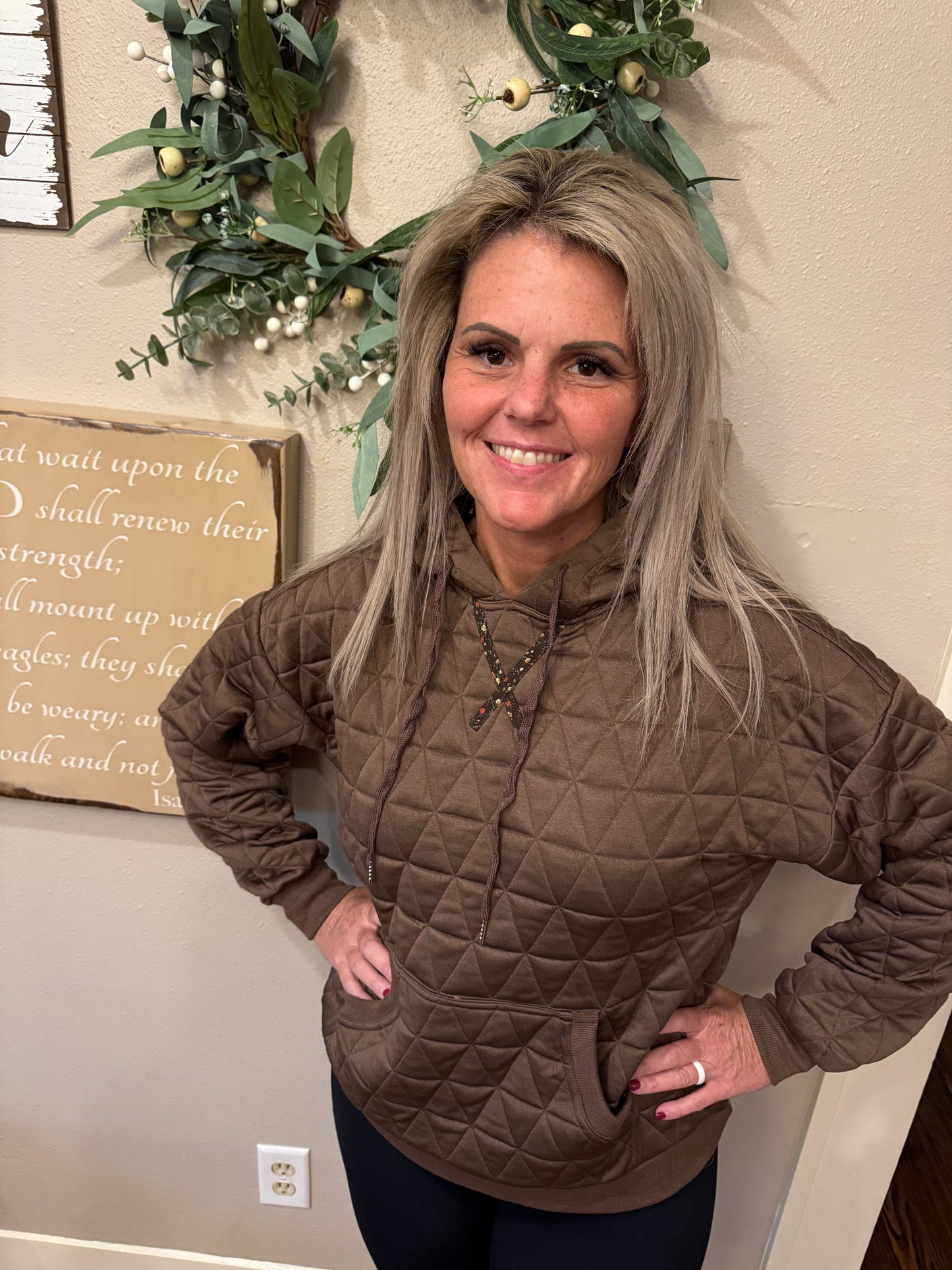 Hoodie Quilted Sweatshirt- Brown