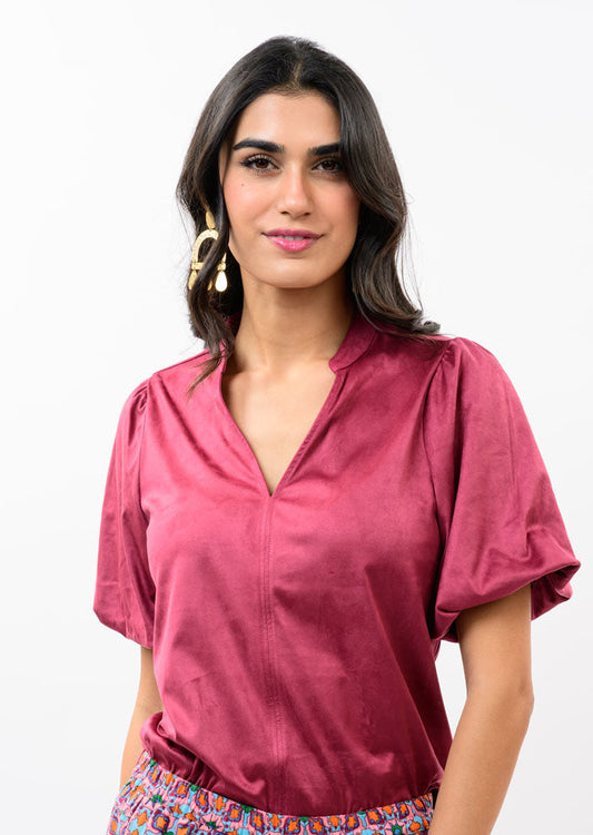 Ivy Jane - Faux Suede Poof Sleeve Top (Wine)