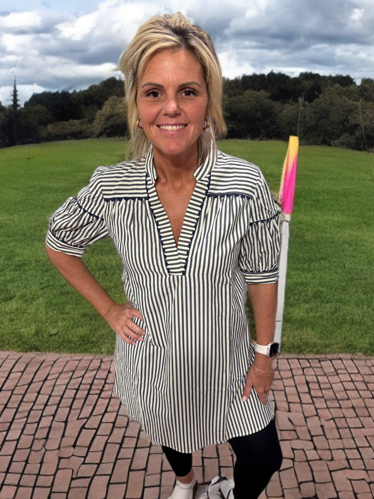 Striped Y Neck Shift Dress / Top - Navy #1102