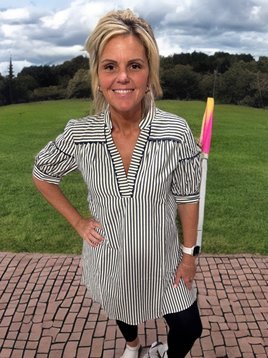 Striped Y Neck Shift Dress / Top - Navy #1102