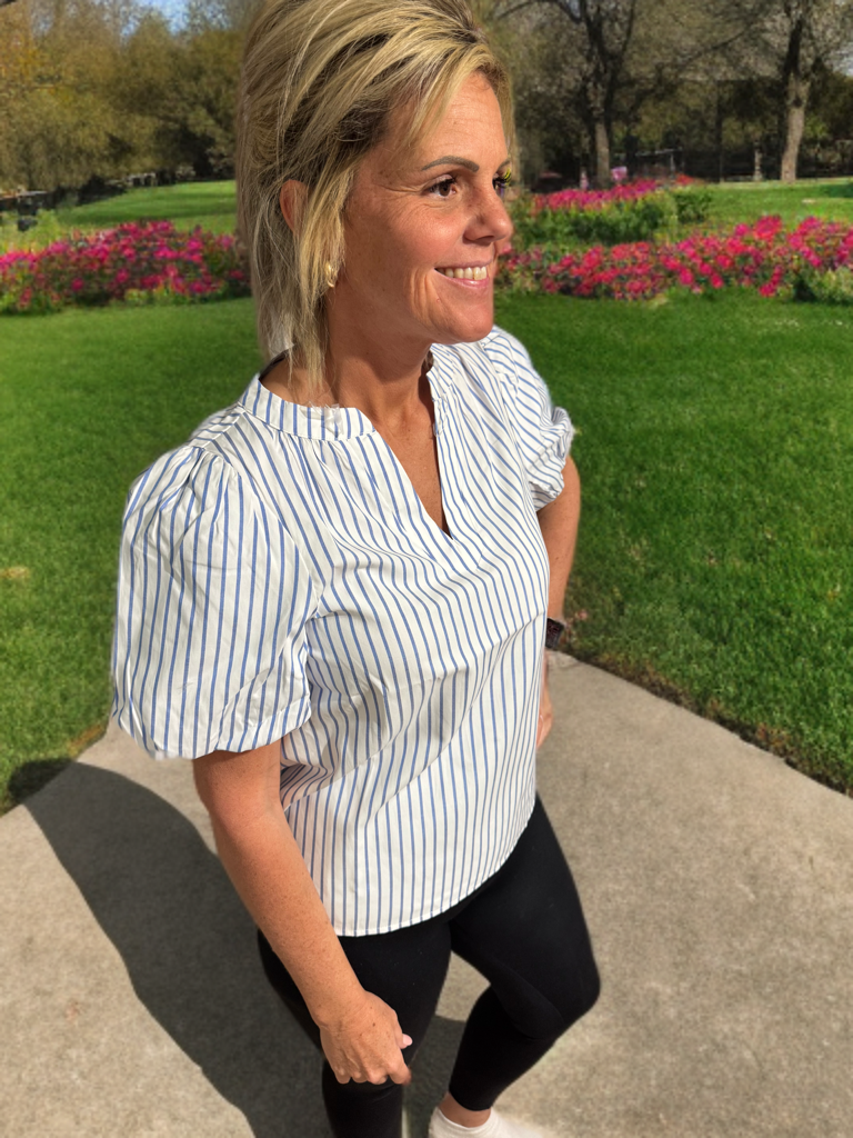 Blue/White Stripe V neck Top #1104