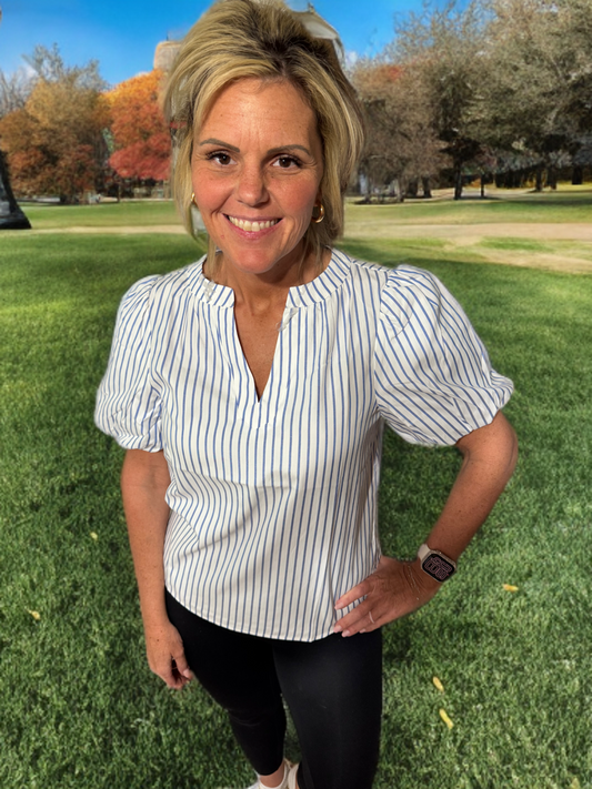 Blue/White Stripe V neck Top #1104