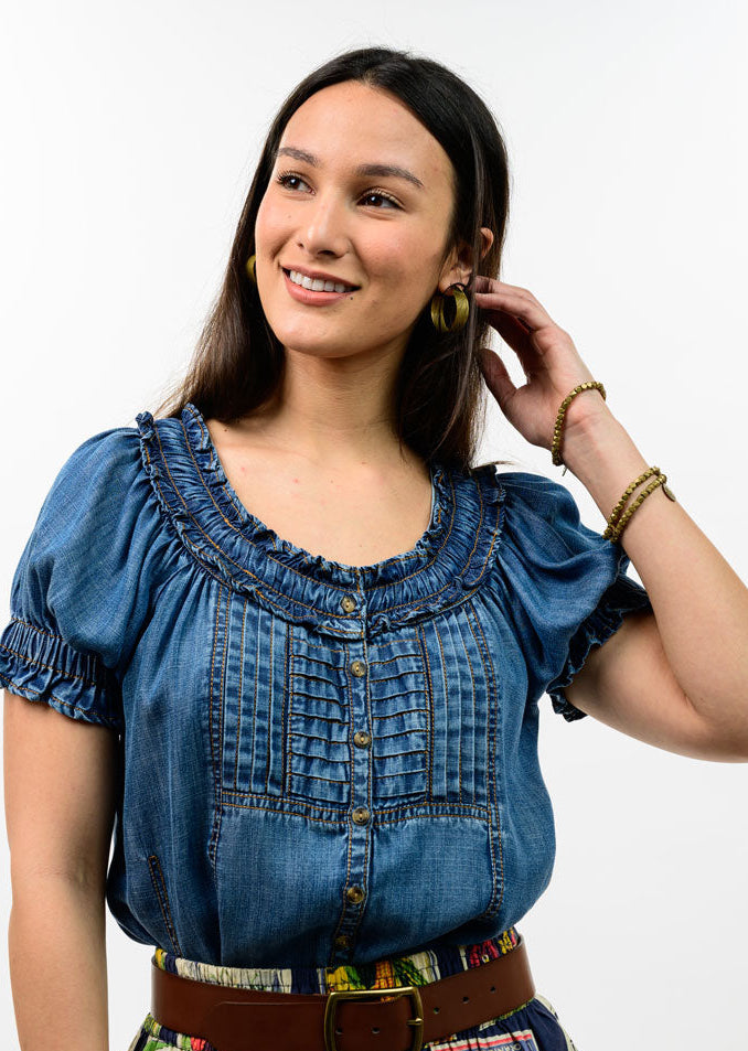 Ivy Jane - Denim Ruffled Neck Top