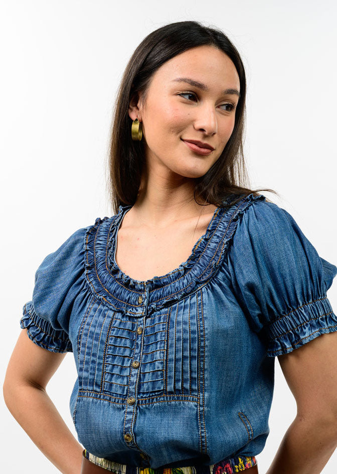 Ivy Jane - Denim Ruffled Neck Top