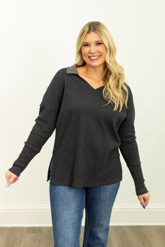 Waffle Knit Top, Black